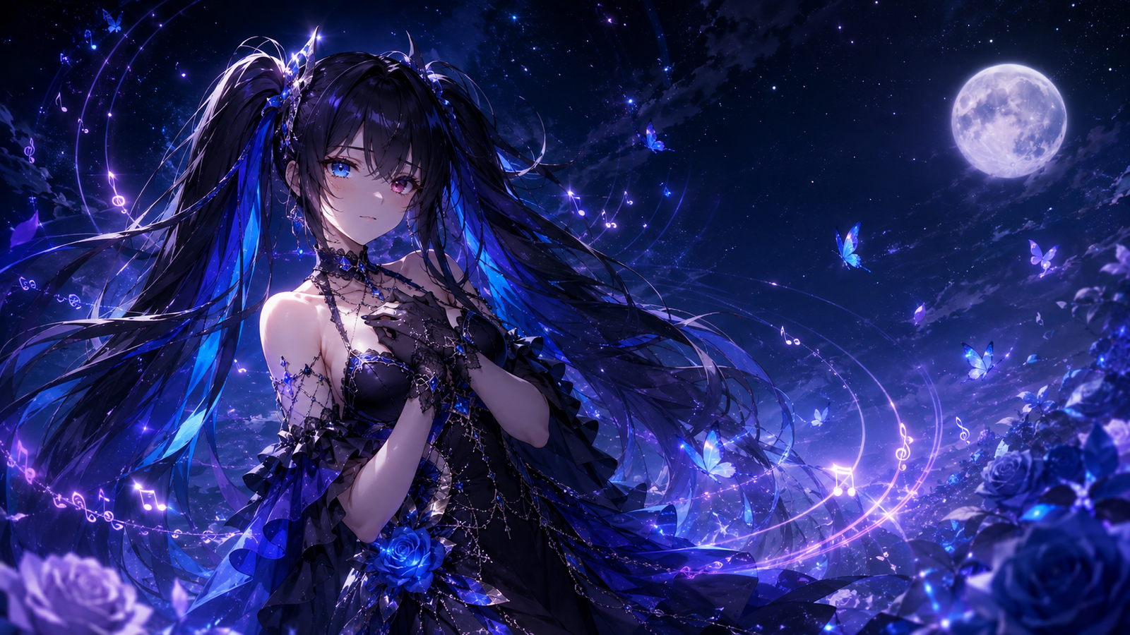 Mikaela Noctilys rodeada de luz y símbolos musicales bajo la luna
