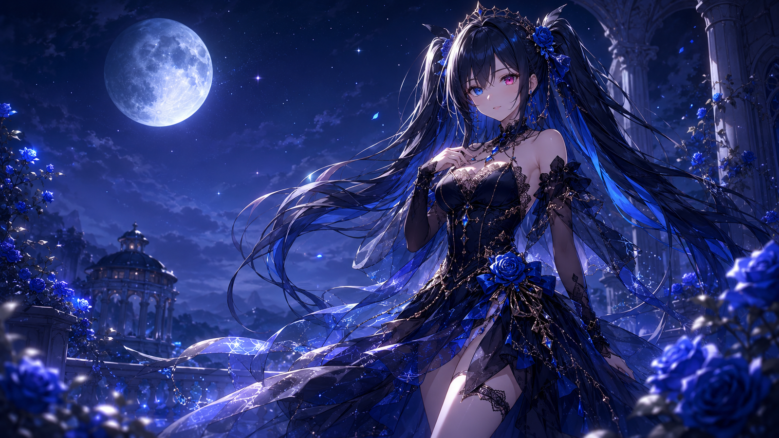 Mikaela Noctilys bajo la luna en el universo nocturno de Noctilys