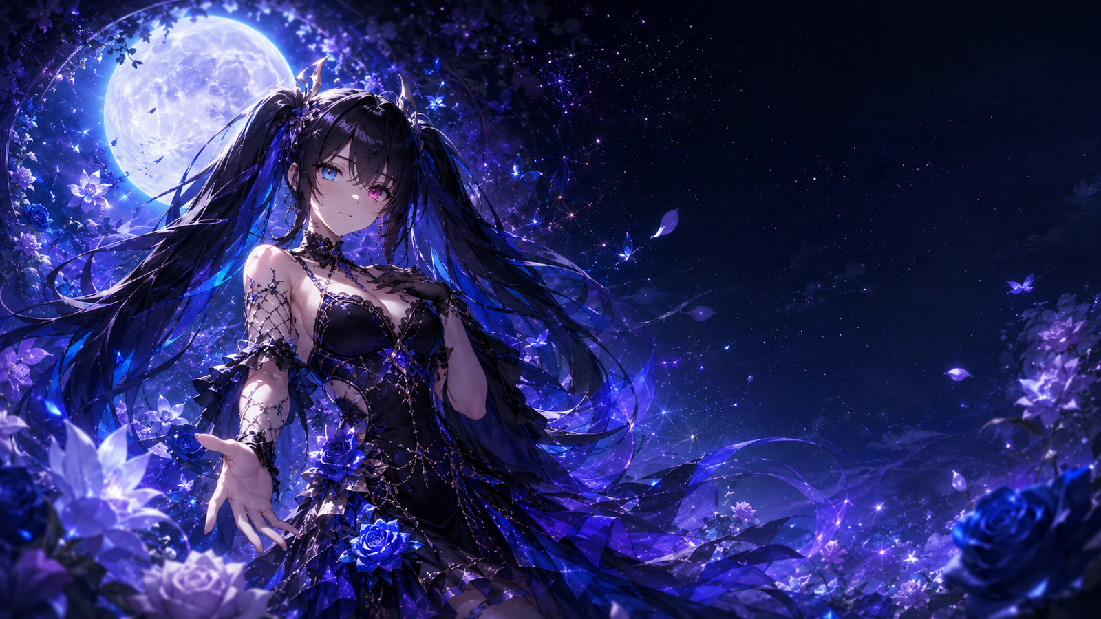 Mikaela Noctilys entre flores y luz bajo el cielo nocturno